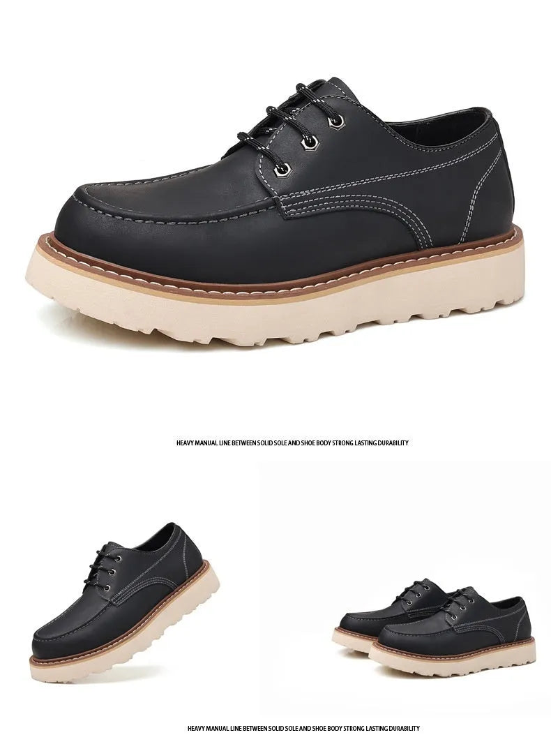 Men's black low-top Martin boots with round toe and rubber non-slip sole