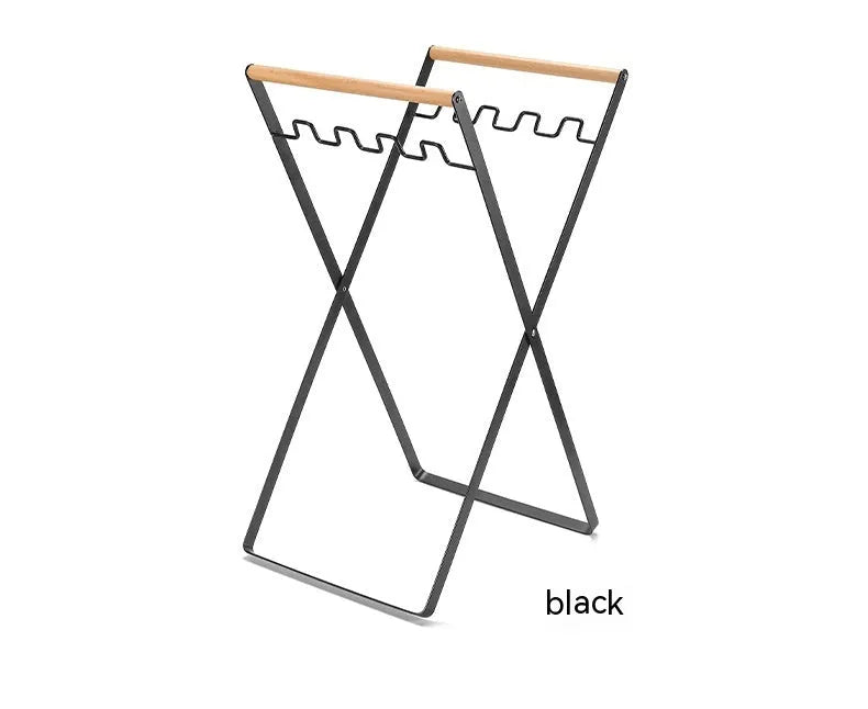 Wooden handle wrought iron folding outdoor trash storage hanger in black or white finish