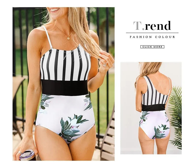 Leopard print women's one-piece swimsuit with an asymmetric collar and high waist on a mannequin