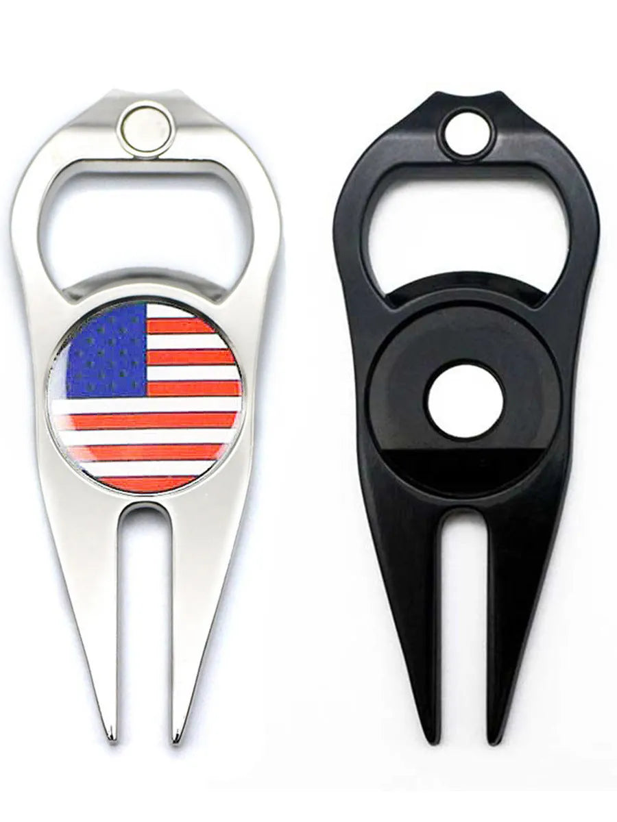 Black zinc alloy golf ball yoke bottle opener tool with ball marking function