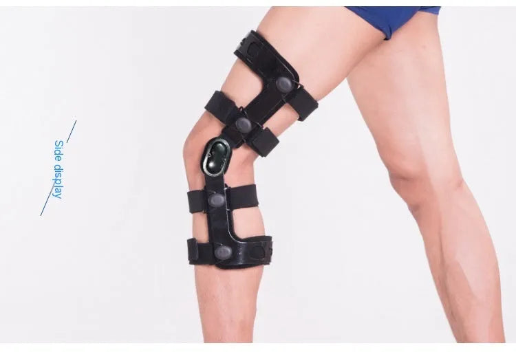 Black anterior ligament knee supporter with iron side stabilisers and sponge padding