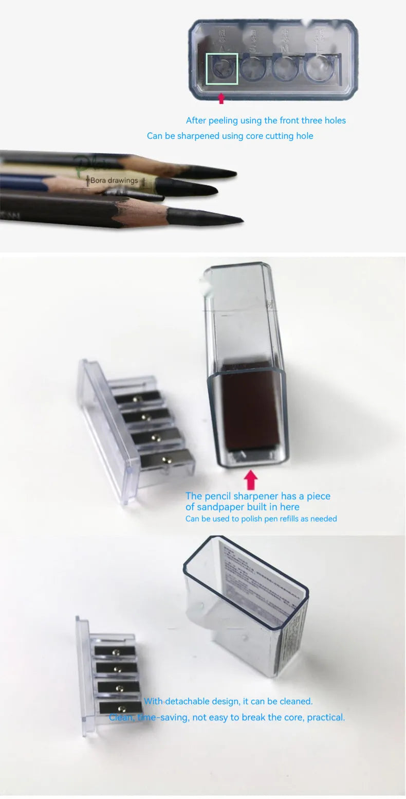 Geometric four-hole pencil sharpener with replaceable blades and screwdriver for creative art use