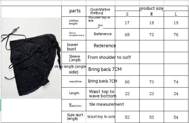 Black three-piece polyester bikini swimsuit set showing top and shorts.