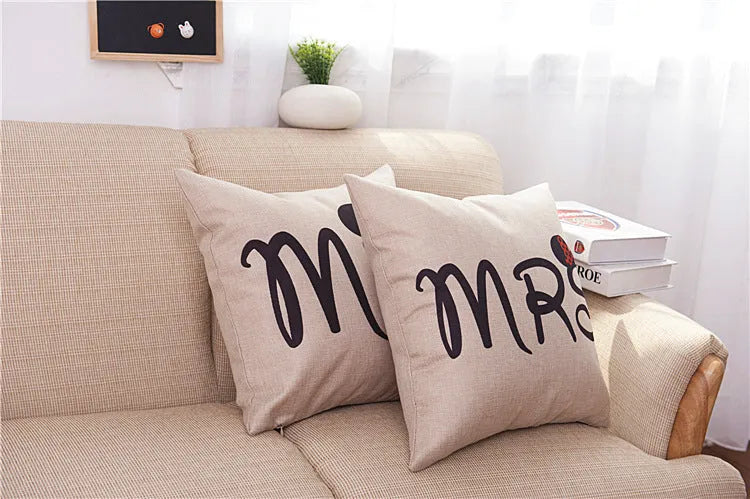 Valentine linen pillowcase with cartoon design in MR and MRS colour options, 45x45cm square