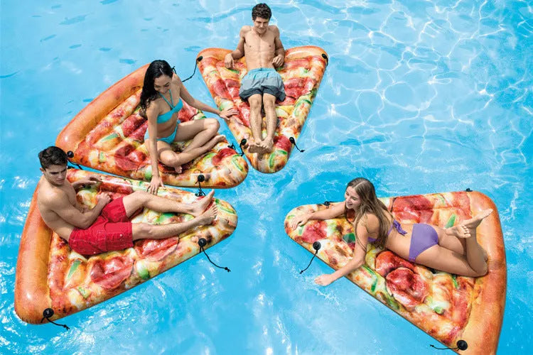 Pizza-themed inflatable surfboard recliner floating in water with vibrant colours and 175cm dimensions