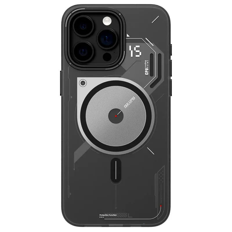 Grey magnetic phone case with cooling window for iPhone 15 Pro and 15 Pro Max in Cyberpunk style