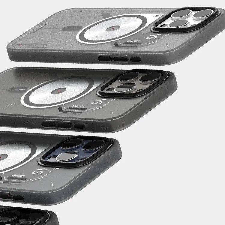 Grey magnetic phone case with cooling window for iPhone 15 Pro and 15 Pro Max in Cyberpunk style