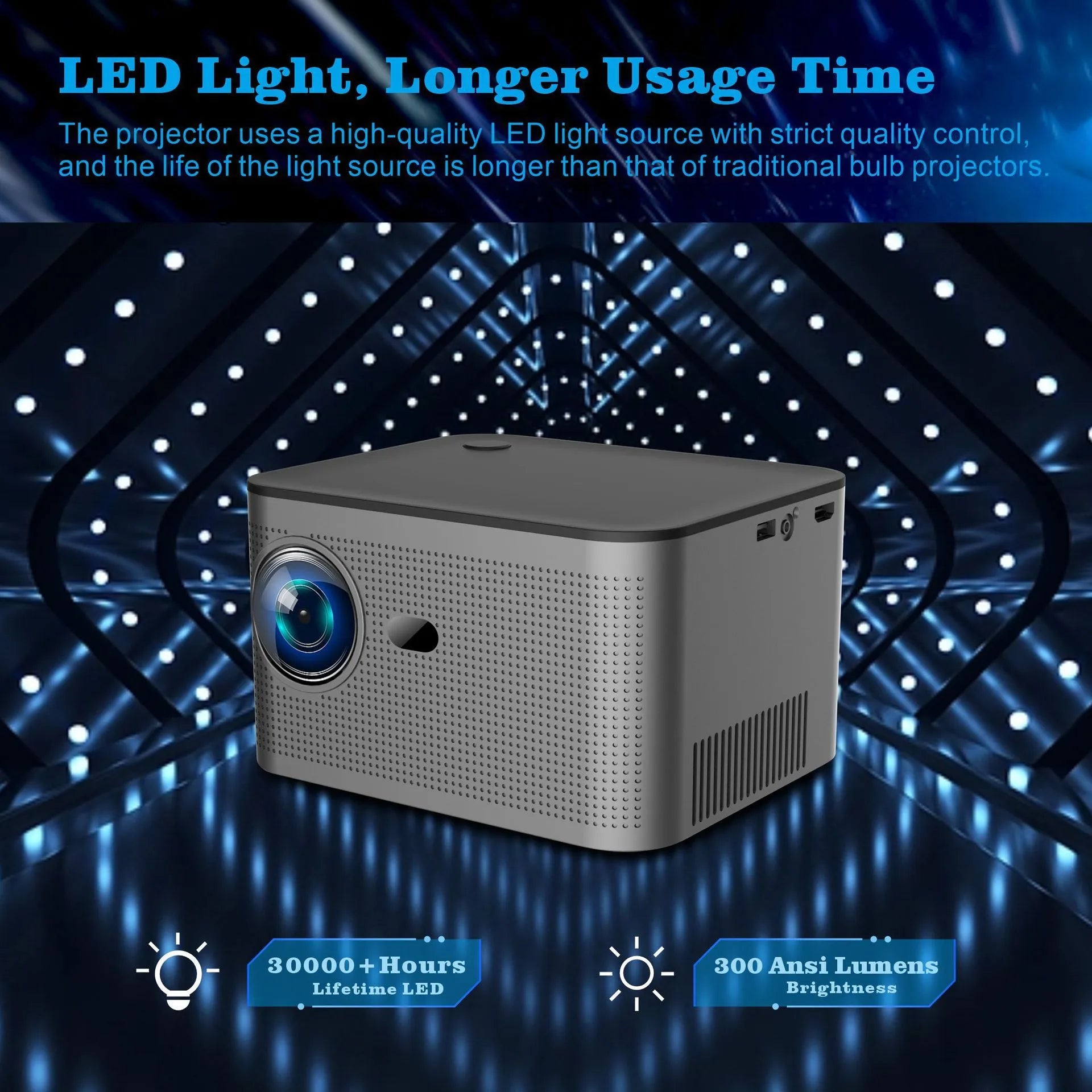 White HY350 mini portable projector with EU plug on a table