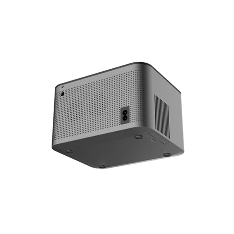 White HY350 mini portable projector with EU plug on a table