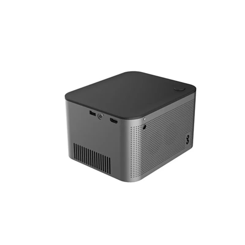 White HY350 mini portable projector with EU plug on a table