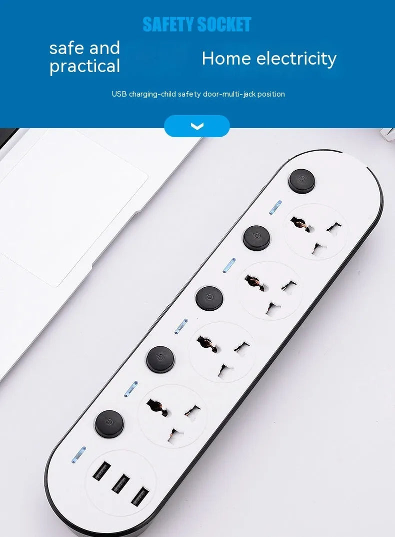 International power strip with UK, US and EU sockets, USB ports, individual switches and extended cable