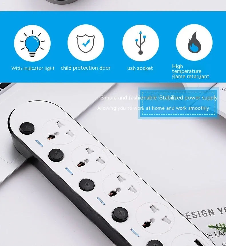 International power strip with UK, US and EU sockets, USB ports, individual switches and extended cable