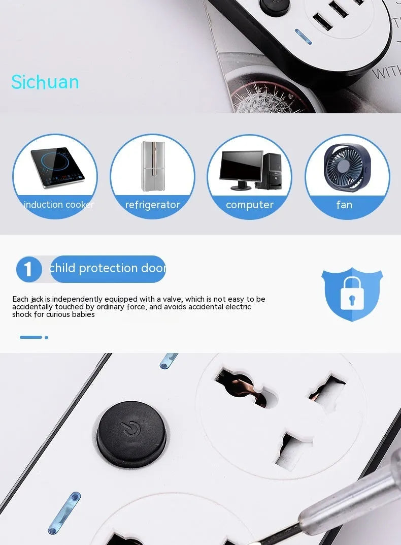 International power strip with UK, US and EU sockets, USB ports, individual switches and extended cable