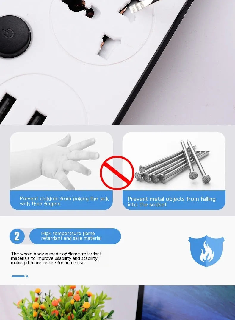 International power strip with UK, US and EU sockets, USB ports, individual switches and extended cable