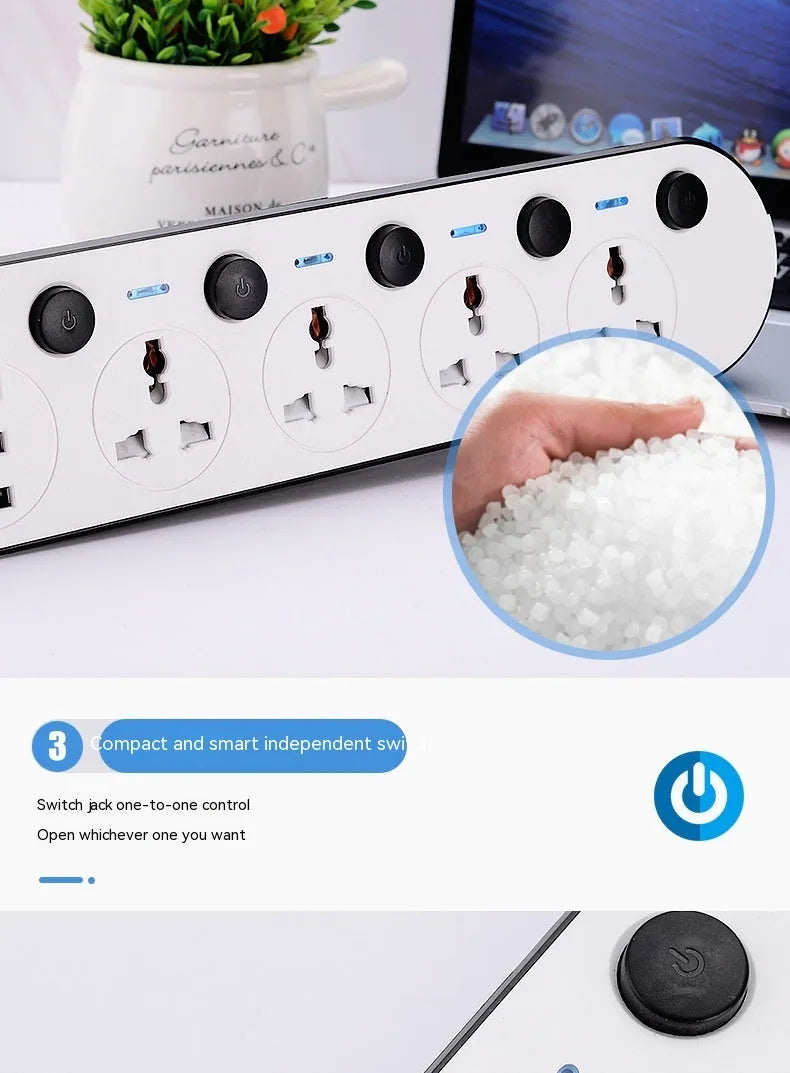 International power strip with UK, US and EU sockets, USB ports, individual switches and extended cable