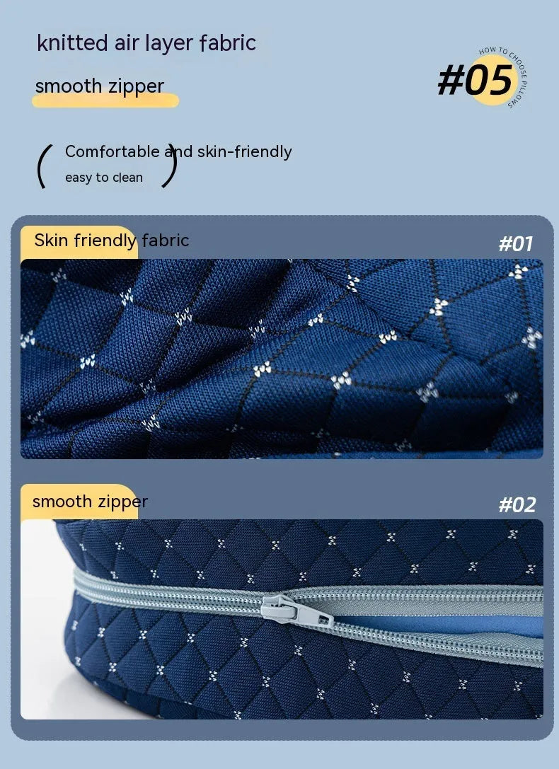 Heart-shaped memory foam leg pillow in blue colour showing dimensions of 25x23x13 cm