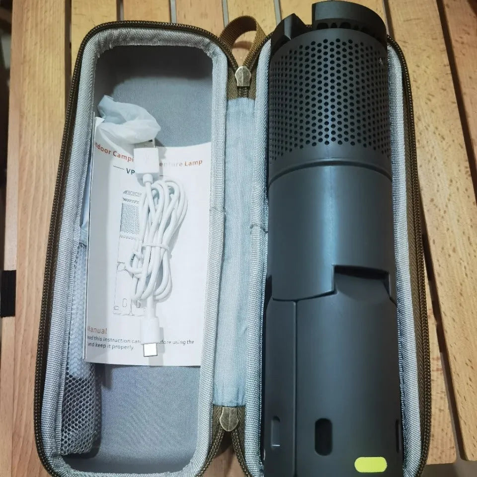 Creamy white and dark grey portable battery-powered LED camping lantern with button switch