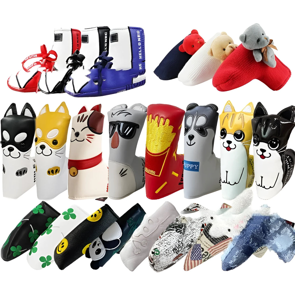 Golf straight bar putter sleeve in a selection of colourful designs with PU waterproof outer and fleece lining.