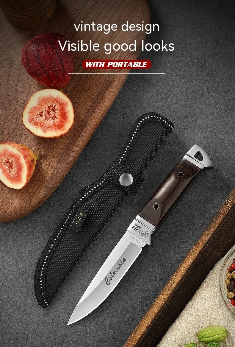 Camping portable fruit knife with stainless steel blade and brown leather protective case.