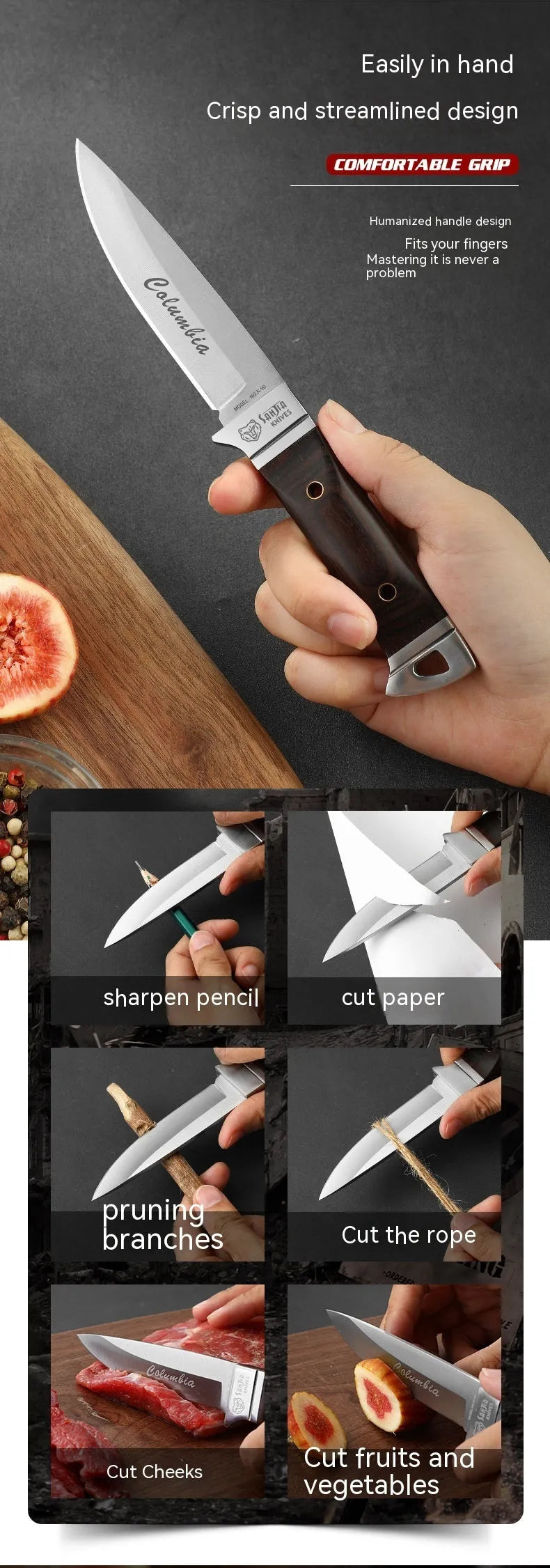 Camping portable fruit knife with stainless steel blade and brown leather protective case.