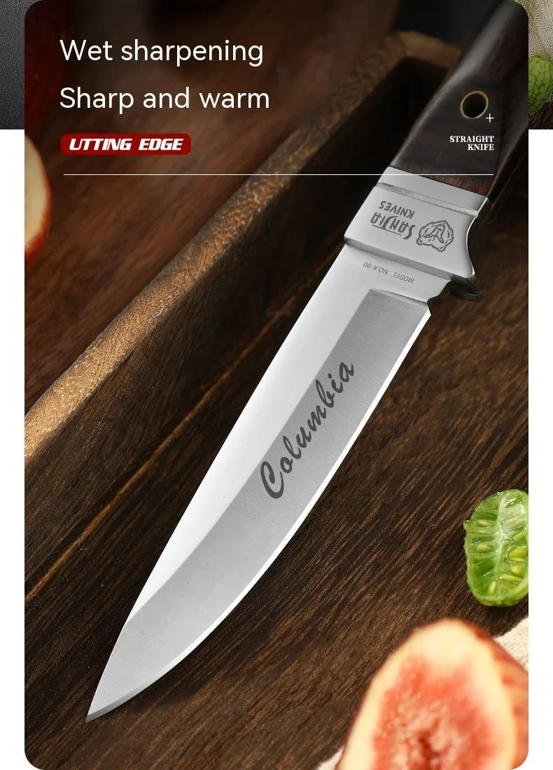 Camping portable fruit knife with stainless steel blade and brown leather protective case.