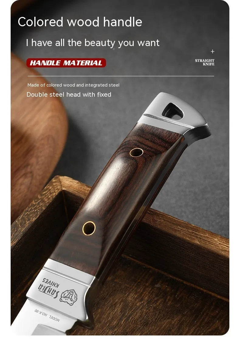 Camping portable fruit knife with stainless steel blade and brown leather protective case.
