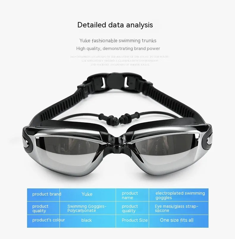 Men's black swim set with trunks, anti-fog goggles, waterproof cap, ear plugs with nose clip, and swimming bag