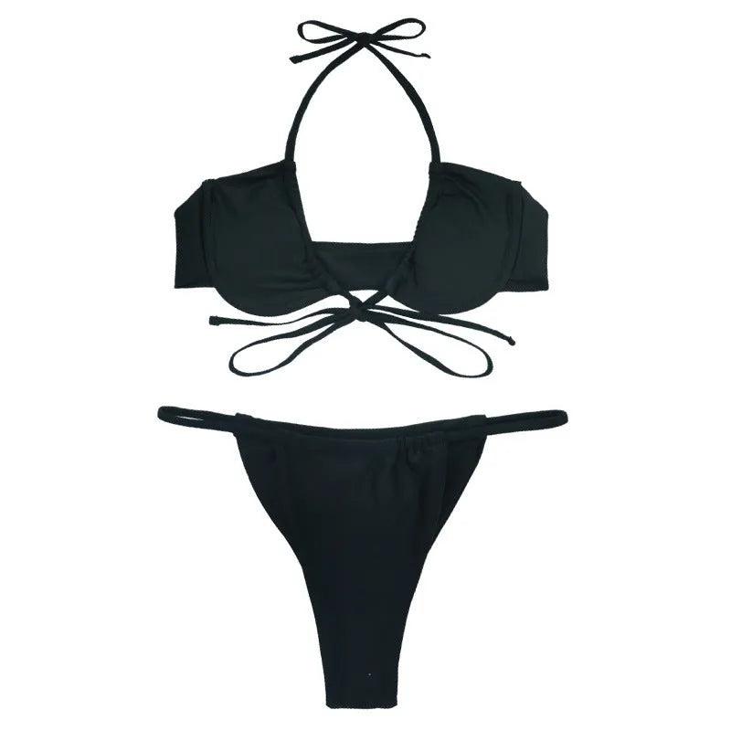 Women's split bikini swimsuit in nylon fabric, black or mint green colour, sizes S M L XL