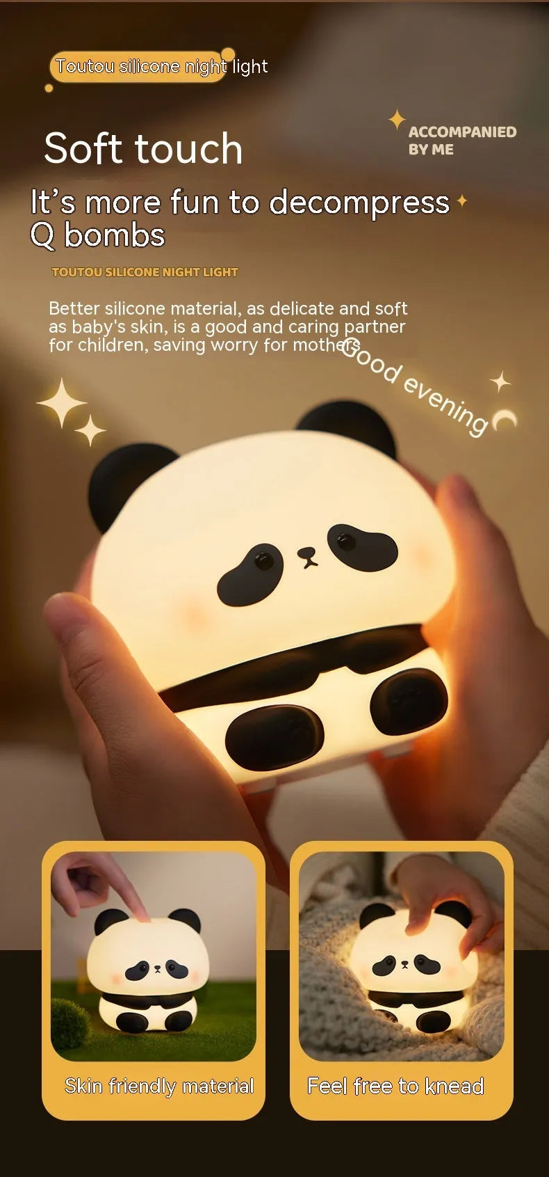 Panda LED night light with soft silicone head and colourful glow on a wooden table