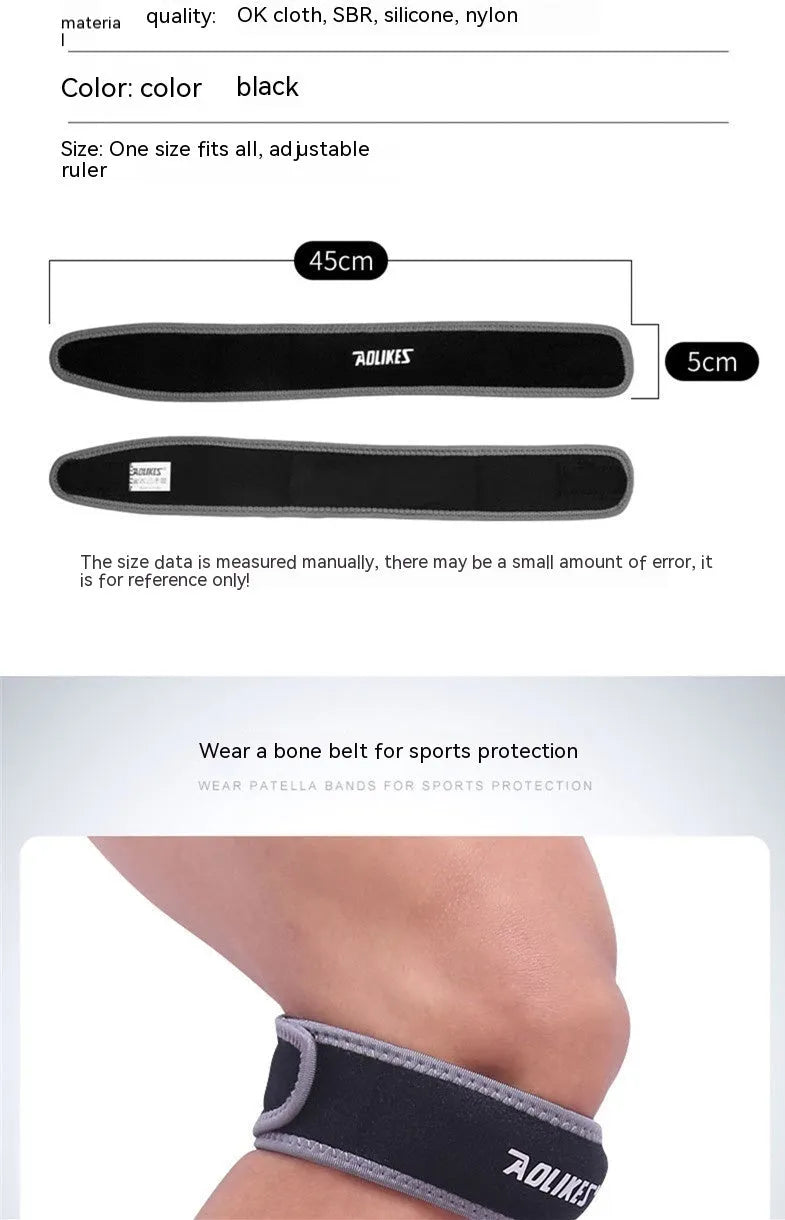 Black and grey patellar retinaculum knee support for running and sports.