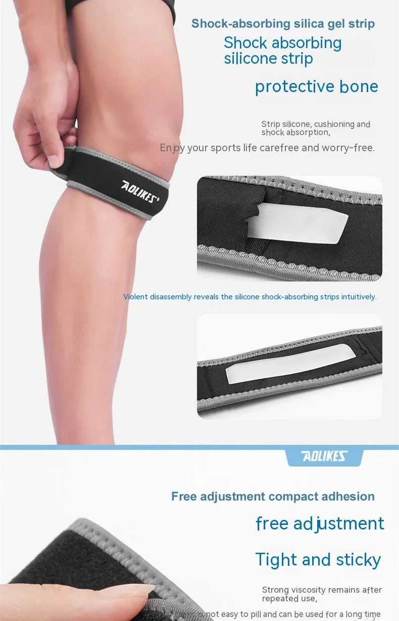 Black and grey patellar retinaculum knee support for running and sports.
