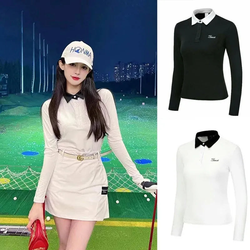 Women's white golf top with long sleeves and slim fit for outdoor sports