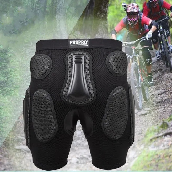 Black cycling protective pants with a removable hip pad for sports safety.