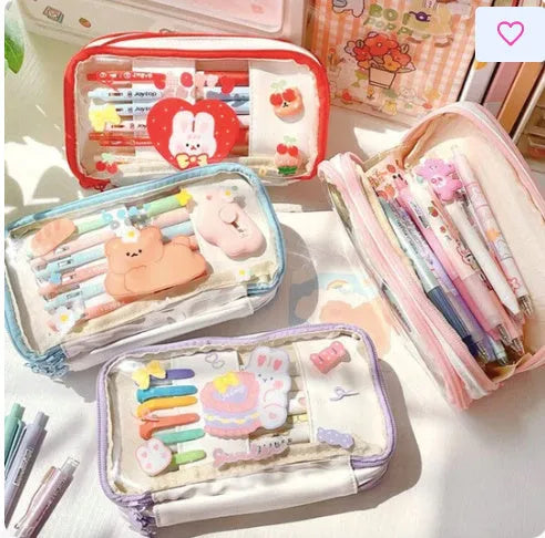 Transparent heart-shaped pen case with Korean-style rabbit motif, pink and red design options