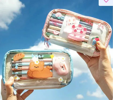Transparent heart-shaped pen case with Korean-style rabbit motif, pink and red design options