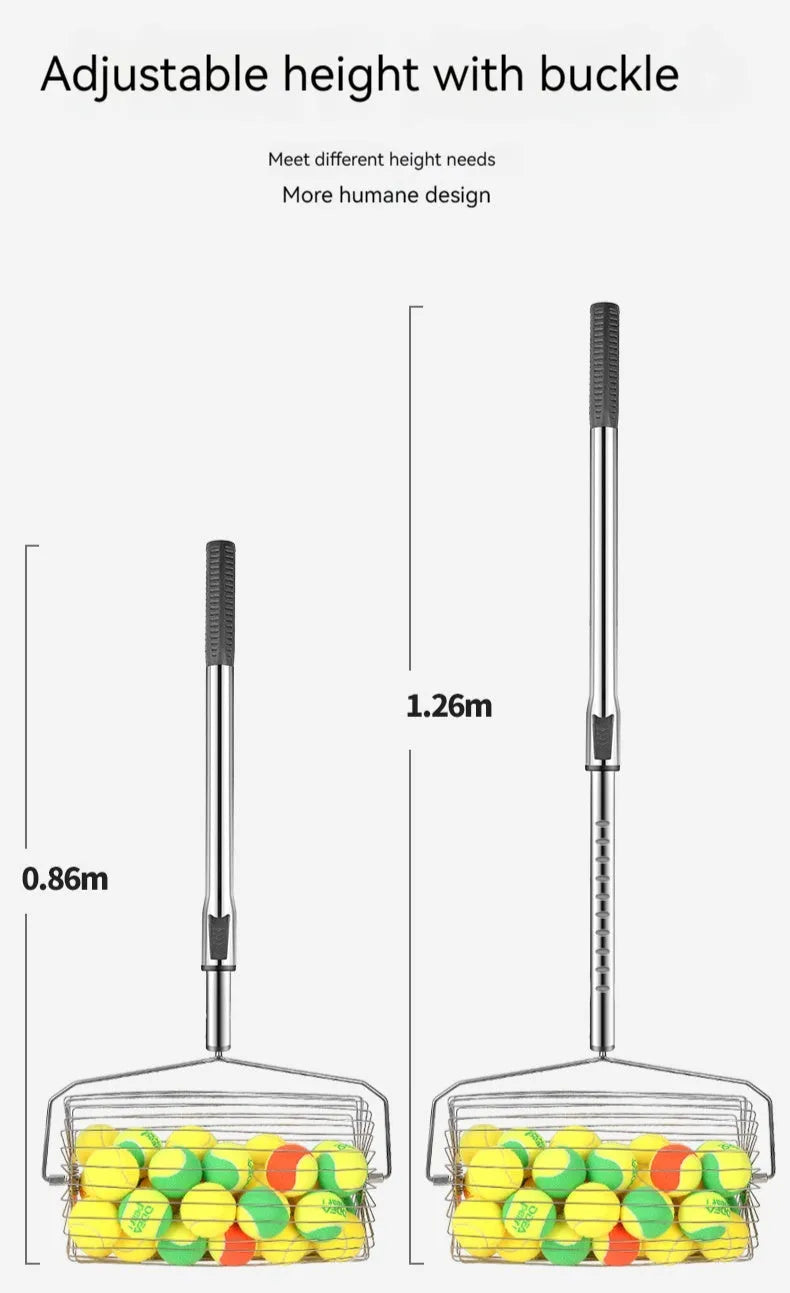 Stainless steel tennis ball picker roller with adjustable handle on a tennis court