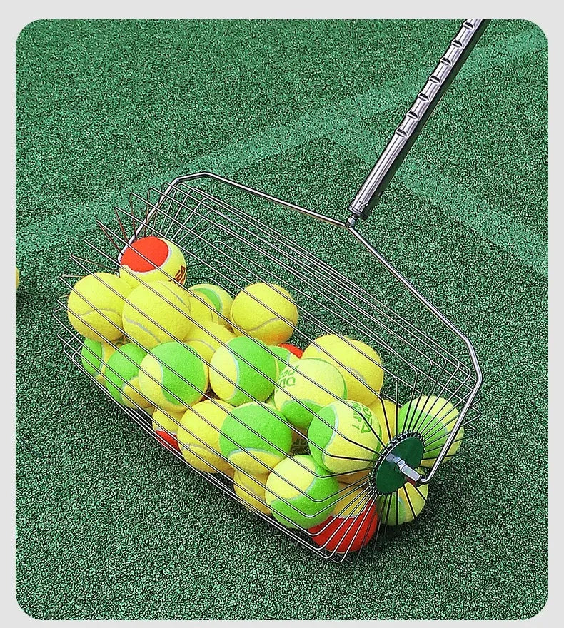 Stainless steel tennis ball picker roller with adjustable handle on a tennis court