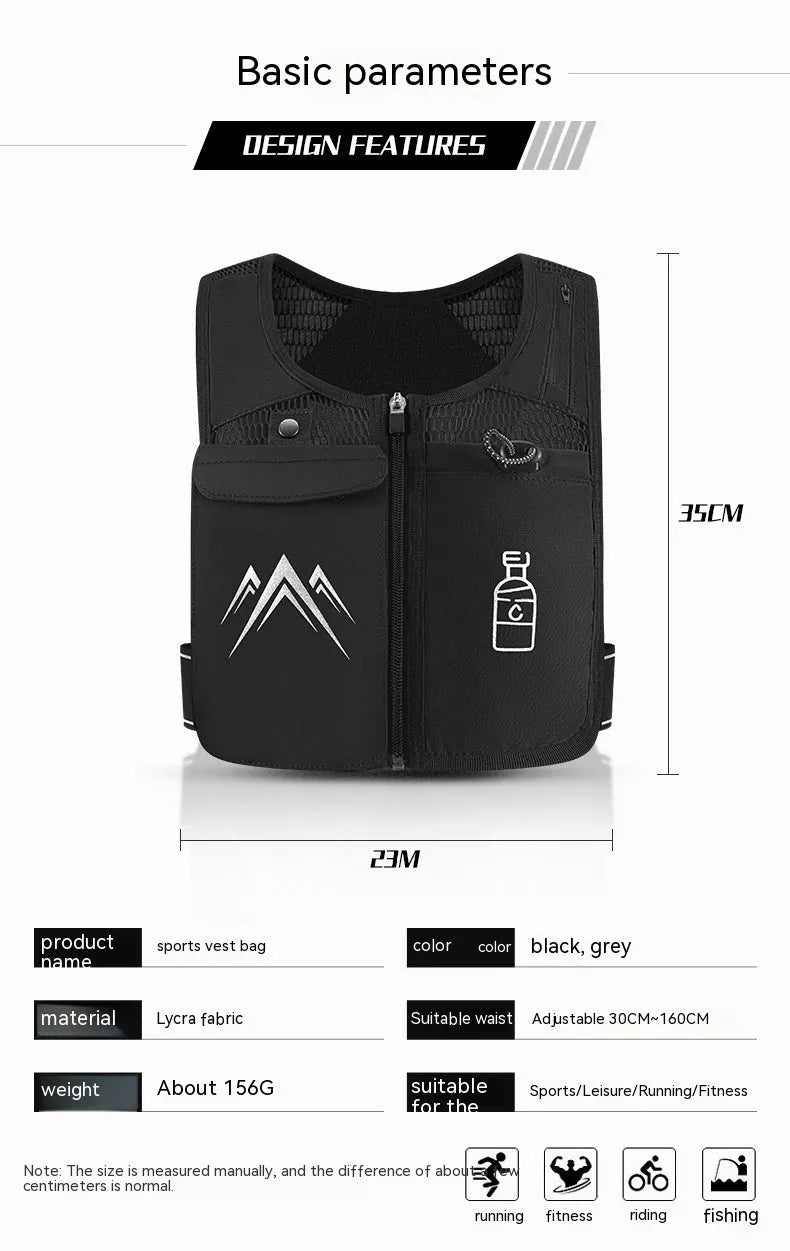 Black breathable mesh running vest with front phone pocket and optional shoulder hydration flask.
