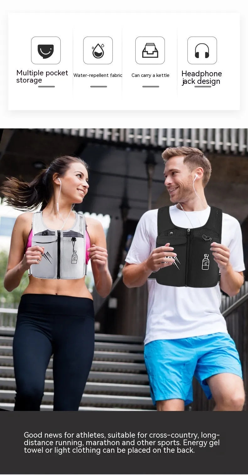 Black breathable mesh running vest with front phone pocket and optional shoulder hydration flask.