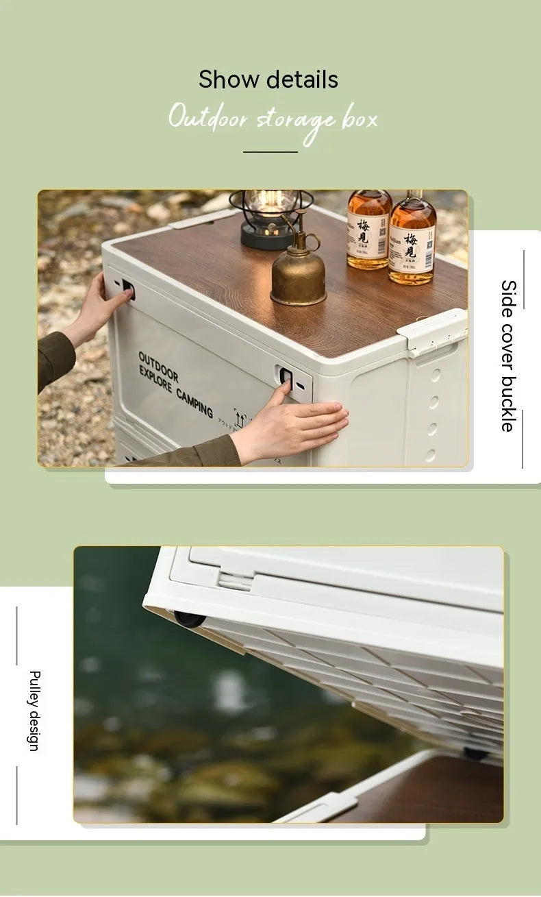 Large green foldable plastic storage box with a wooden lid on a white background.
