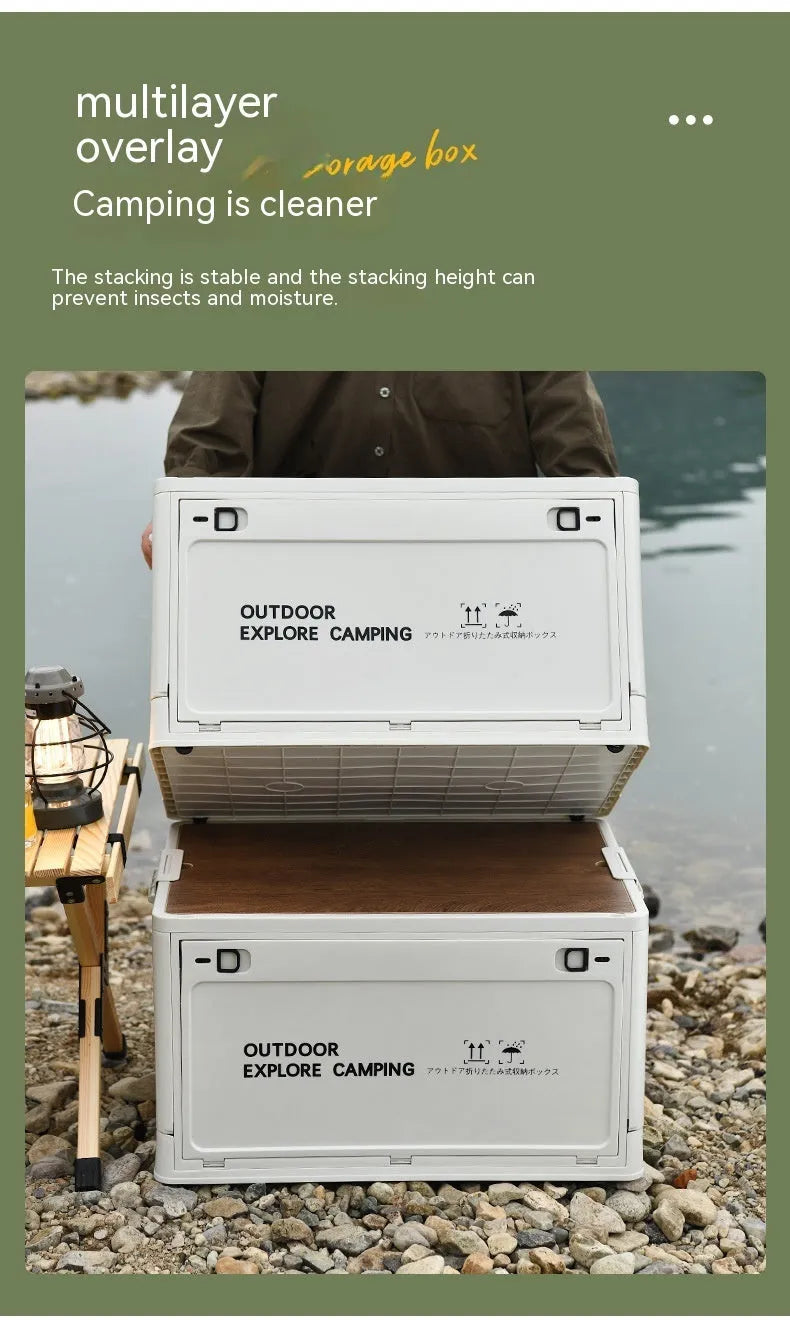 Large green foldable plastic storage box with a wooden lid on a white background.