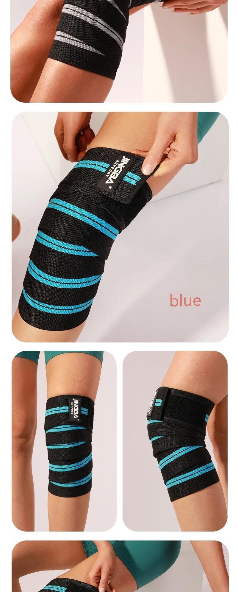 Adult adjustable sports knee pads in blue, yellow, red, and grey colours for weightlifting and cycling