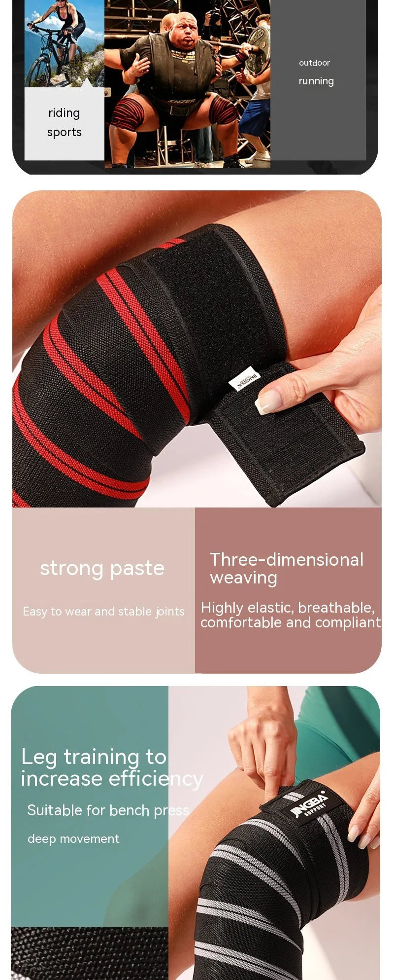 Adult adjustable sports knee pads in blue, yellow, red, and grey colours for weightlifting and cycling