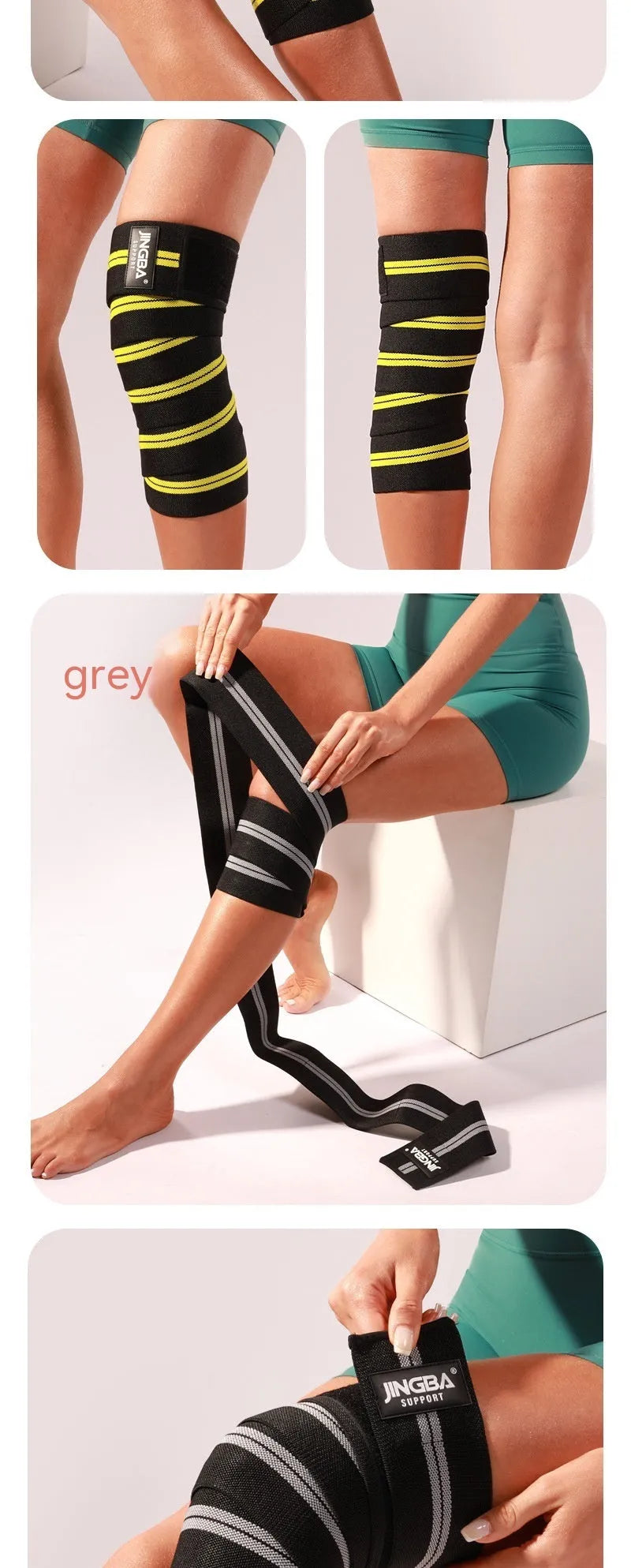 Adult adjustable sports knee pads in blue, yellow, red, and grey colours for weightlifting and cycling