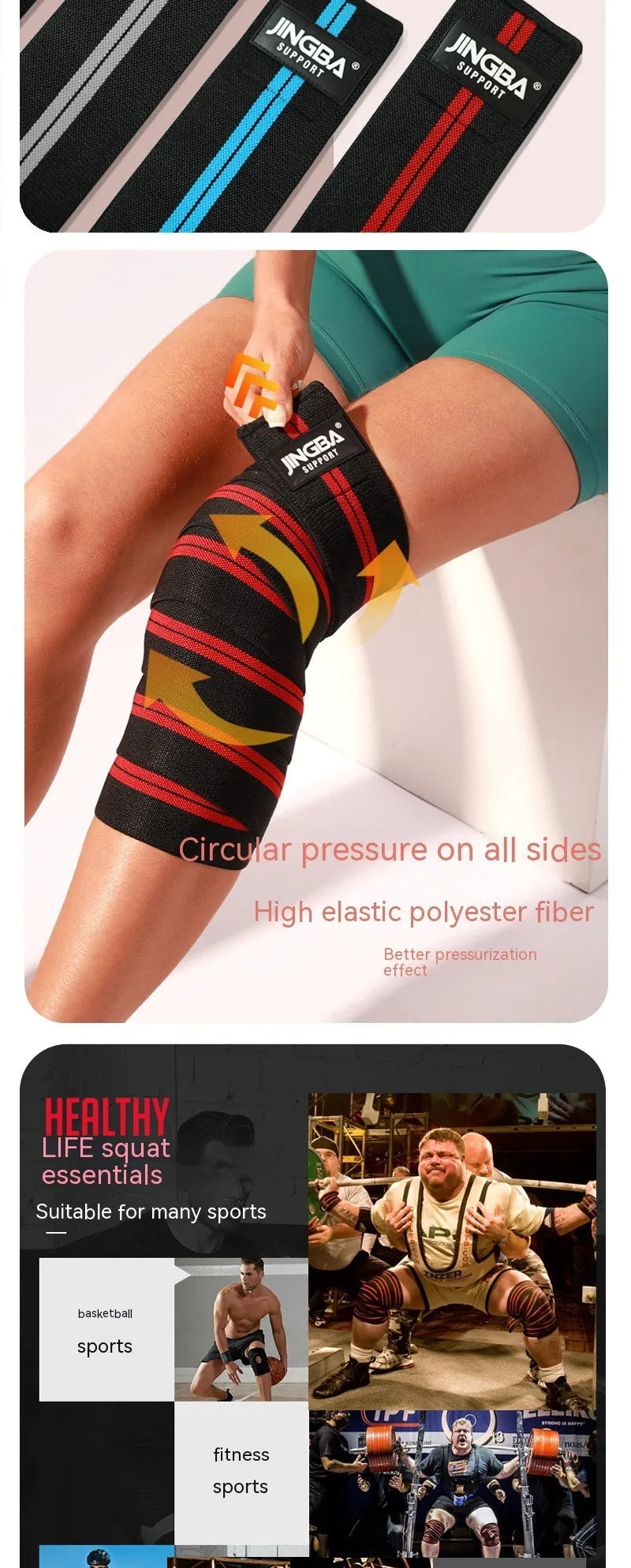 Adult adjustable sports knee pads in blue, yellow, red, and grey colours for weightlifting and cycling