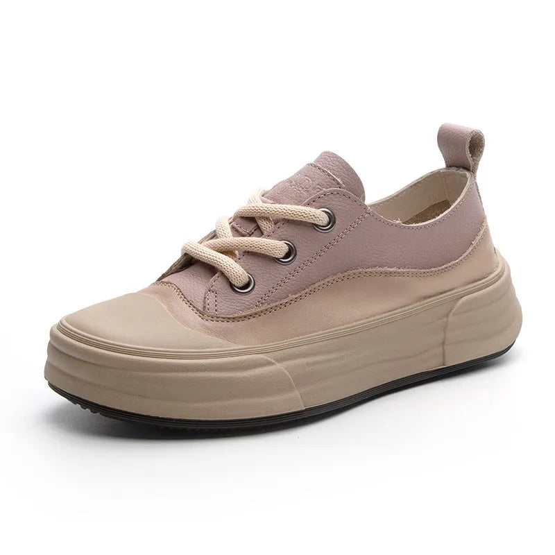 Women's leather platform sneakers in matcha green, purple, and orange colours with round toe and lace-up front.