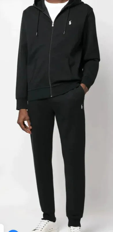 Men's casual polyester fiber sweater suit hoodie and pants set in black, gray, and navy blue