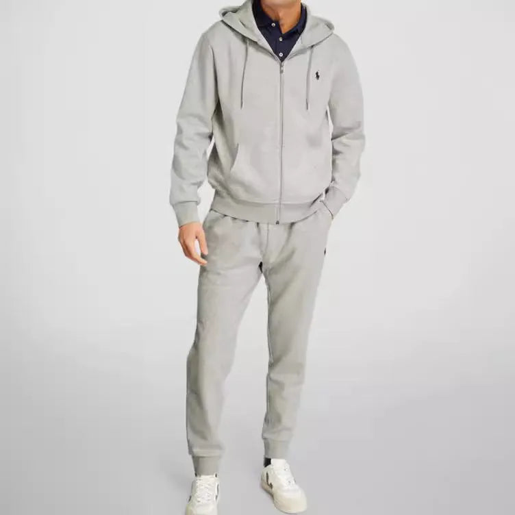 Men's casual polyester fiber sweater suit hoodie and pants set in black, gray, and navy blue