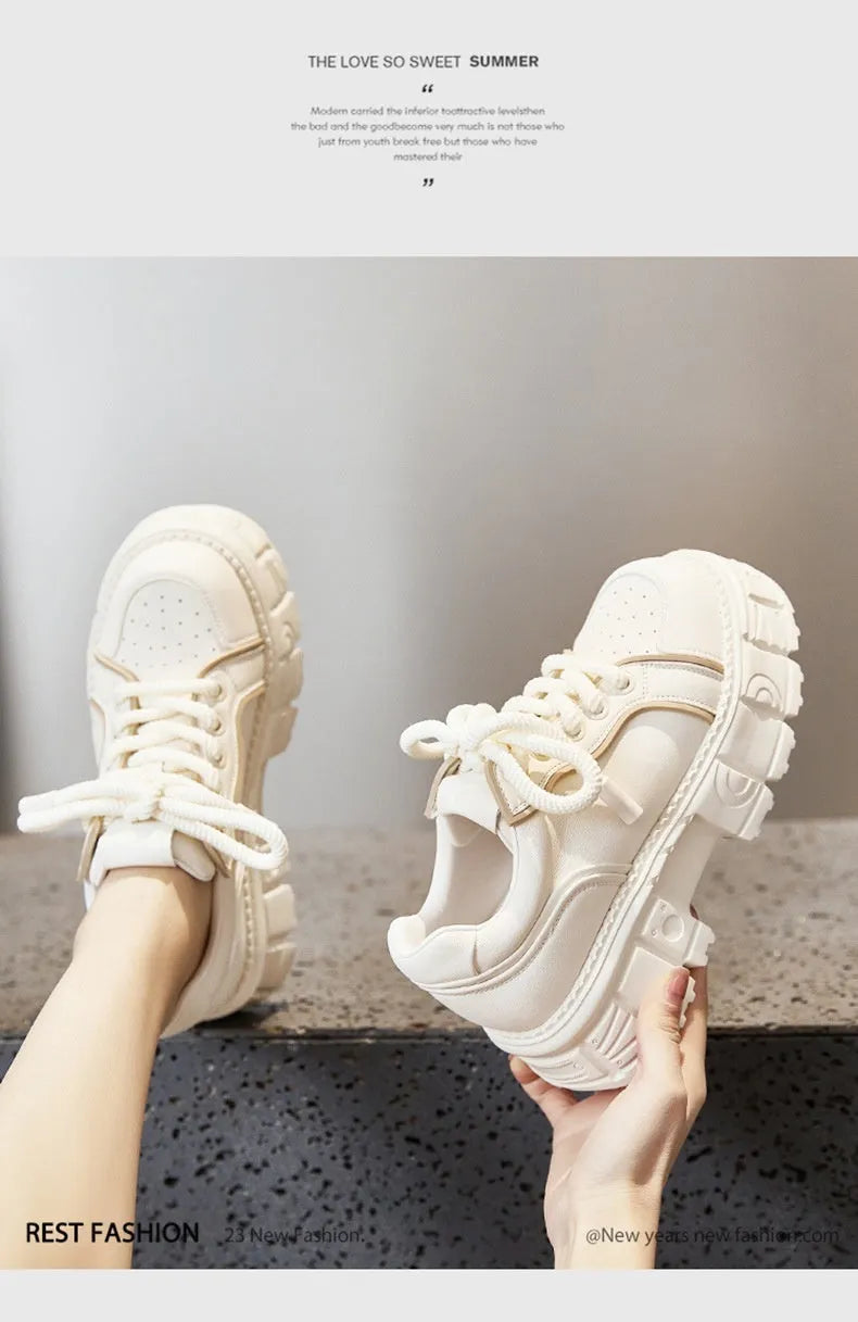 Spring casual leather shoes with muffin bottom design in beige and pink colours