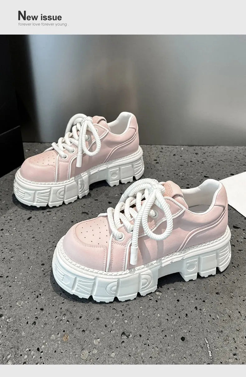 Spring casual leather shoes with muffin bottom design in beige and pink colours